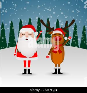 Le Père Noël et renne rigolo dans une forêt d'hiver sur une colline vague leur main Illustration de Vecteur
