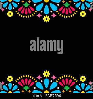 Vecteur populaire mexicain ou invitation à une fête de mariage, cartes de vœux, cadre coloré avec des fleurs bleues et formes abstraites sur noir Illustration de Vecteur