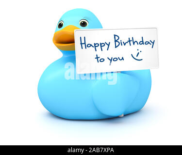 Eine blaue Badeente vor weissem Grund, die ein Schild mit der Aufschrift 'Happy Birthday to you' haelt Banque D'Images