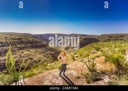 Woman in Desert Sentier en boucle dans le Parc National de Carlsbad Caverns, Nouveau-Mexique, l'Amérique du Nord Banque D'Images