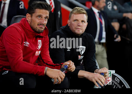 Manager d'AFC Bournemouth, Eddie Howe (R) et l'Assistant, Jason Tindall (L) - Southampton v Bournemouth AFC, Premier League, St Mary's Stadium, Southampton - 20 septembre 2019 Editorial N'utilisez que des restrictions s'appliquent - DataCo Banque D'Images