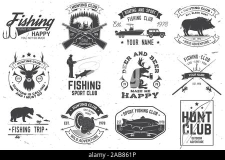 Set de badges club de chasse et pêche. Concept d'illustration vectorielle pour chemise, imprimer, stamp, tee. Typographie vintage design avec fusils de chasse et des cannes à pêche d'ossature. L'emblème du club de l'aventure de plein air Illustration de Vecteur