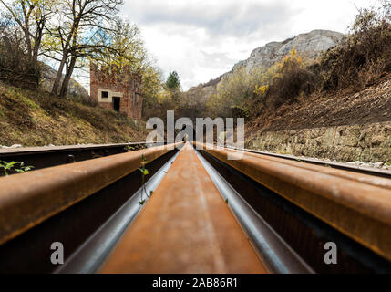 Ancienne voie ferrée dans la nature menant dans le tunnel, voyager en train Banque D'Images
