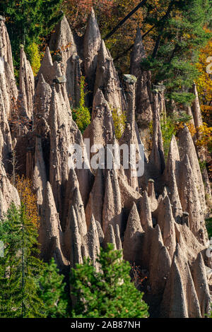 Image détaillée de la célèbre terre pyramides près de Ritten dans le Tyrol du Sud sur une journée ensoleillée d'automne feuillage multicolore avec en arrière-plan Banque D'Images