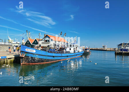 Bleu bateau appelé "rival", ancré au port d''Oudeschild avec personnes à bord offrant des excursions de pêche sportive pour les touristes sur l'île Texel Banque D'Images