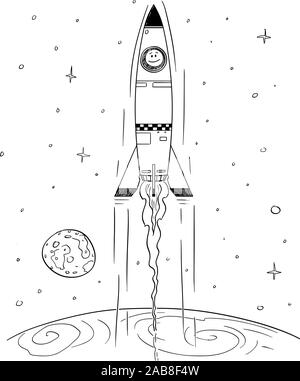 Vector cartoon stick figure dessin illustration conceptuelle de l'homme dans l'espace de haut vol de fusée dans l'espace laissant la planète Terre. Concept d'entreprise ou de la technologie. Illustration de Vecteur