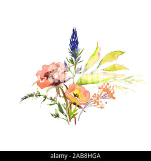 Suite nuptiale mariage romanric doux bouquet de fleurs rustiques . Dessin aquarelle rose et violet et orange fleurs ornament Banque D'Images