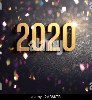 Bonne Année 2020 Date Numéro de couleur or, sur un fond noir, avec paillettes et confettis - 3D illustration Banque D'Images