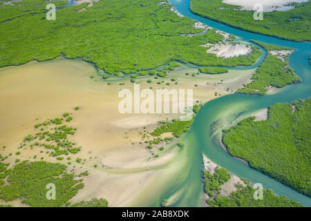 Sénégal les mangroves. Vue aérienne de la forêt de mangrove dans le Parc National du Delta du Saloum, Joal Fadiout, au Sénégal. Photo faite par drone depuis au-dessus. Na Afrique Banque D'Images