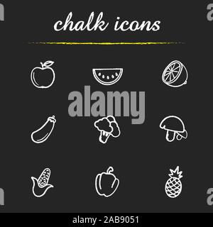 Les fruits et légumes de la craie icons set. Tranche de pastèque, pomme, moitié de citron, aubergine, brocoli, champignons, maïs, poivrons, ananas. Vecto isolés Illustration de Vecteur