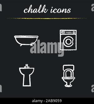 Intérieur salle de jeu d'icônes de craie. Lave-linge, baignoire, toilettes, lavabo, illustrations. Dessins tableau vecteur isolé Illustration de Vecteur