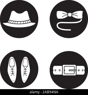 Accessoires pour hommes icons set. Homburg hat, papillon noeud papillon, chaussures en cuir classique et la courroie. Vector blanc Illustrations en cercles noirs Illustration de Vecteur