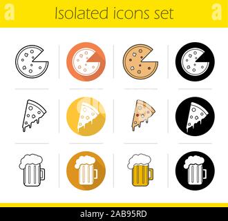 Pizzeria icons set. Modèle plat, linéaire, noir et couleurs. Pizza slice, mousse beer mug. Illustrations vectorielles Illustration de Vecteur