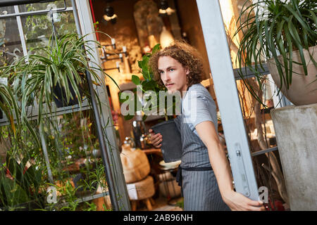 Fleuriste ou jardinier porte une plante verte pour l'expédition dans le centre de jardin Banque D'Images