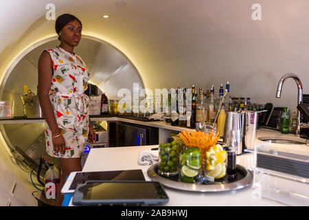 L'aéroport JFK, Queens NY - 03 septembre 2019 : barman intérieur de la TWA Connie cocktail longe. Queens NY Septembre 03, 2019 Banque D'Images