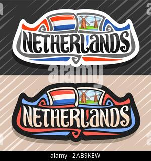 Logo Vector pour les Pays-Bas, pays aimant frigo avec pavillon néerlandais, pinceau original typeface pour mot néerlandais aux Pays-Bas et le symbole - vieux moulins sur c Illustration de Vecteur