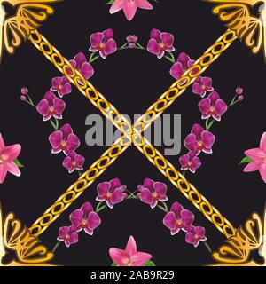 Joli motif floral transparent sur fond noir. Chaîne d'or, le luxe de l'objet d'ornement. - Vector Illustration de Vecteur