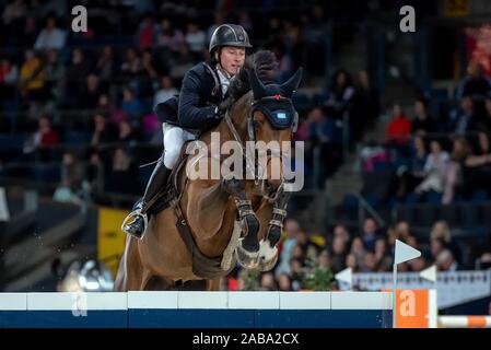 STUTTGART, ALLEMAGNE - le 17 novembre : Douglas Lindelöw (SWE) équitation Cheldon à Stuttgart le maître allemand 2019 - Coupe du monde de saut FEI Longines 2019/2020, Int. Concours de sauts avec jump-off - Grand Prix de Stuttgart presend par Mercedes-Benz, Walter solar et BW-Bank à l'Hans-Martin-Schleyer-Halle le 17 novembre 2019 à Stuttgart, Allemagne. Banque D'Images