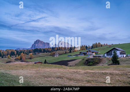 Vue panoramique de l''Alpe di Siusi et les montagnes Schlern au Tyrol du Sud par un beau soir d'automne Banque D'Images