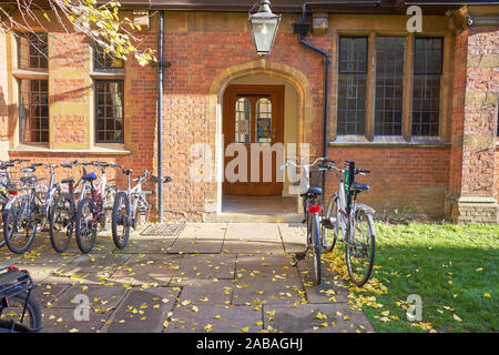 Les vélos garés devant un bâtiment en brique, sur la logique Lane, de l'University College, Université d'Oxford, en Angleterre, sur une journée d'hiver ensoleillée. Banque D'Images