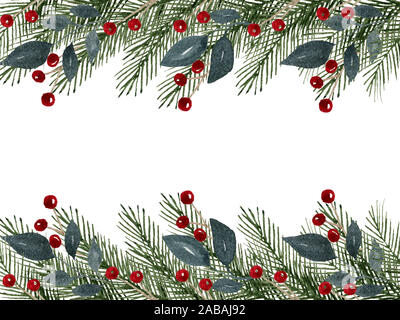 Fond de Noël avec des branches de sapin et de baies, les vacances d'hiver Aquarelle Décoration du châssis Banque D'Images