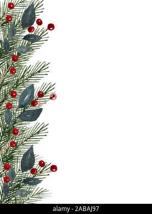 Aquarelle cadre de noël décoration avec des branches de sapin et des petits fruits, carte de Noël with copy space Banque D'Images
