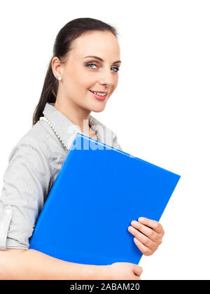 Eine huebsche Geschaeftsfrau Heftmappe mit weissem Hintergrund blauer vor Banque D'Images