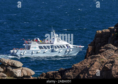 Bateau d'excursion touristique avec voile Navigation Armor le long de la Côte de granit rose / Côte de Granit Rose aux îles de Sept-Îles, Côtes-d'Armor, France Banque D'Images