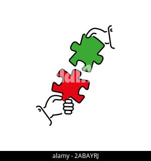 Puzzles se connecter en mains vecteur de couleur icône, signe, symbole. Concept de jumelage d'entreprise. Eléments de liaison puzzle dans la main d'affaires. Travailler ensemble Illustration de Vecteur