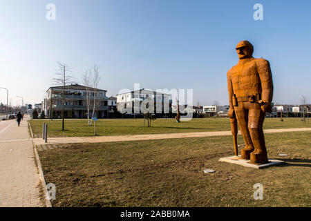 Nouveau lotissement à l'ancienne mine de charbon, la mine de Niederberg, Neukirchen-Vluyn, friches, fosse restants des cadres, miner la sculpture, Banque D'Images