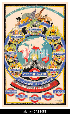 Vintage 1930 London Underground Map Poster des icônes pour les lieux d'intérêt en métro rail travel artist design par EM Dinkel 'le romantisme et la beauté de l'Empire' Banque D'Images