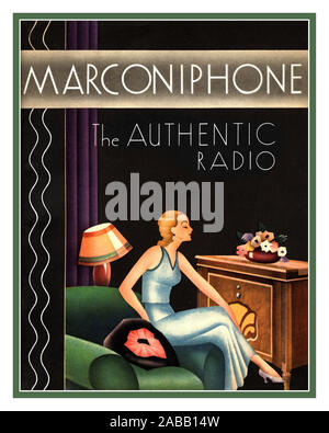 Publicité de Marconi 1930 pour le Marconiphone neuf valves Automatic radiogram de luxe 292 un lecteur de disques radio de luxe premium avec une étiquette de prix de 52 guinées (c £3 000-£4000 aujourd'hui) LECTEUR DE DISQUES VINTAGE MARCONI MARCONIPHONE RADIO MW + LW CABINET STYLUS GRAMOPHONE Banque D'Images