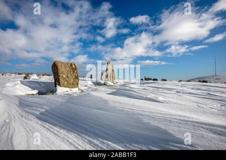 The Hurlers ; Stone Circle ; la neige ; Bodmin Moor, Cornwall, UK Banque D'Images