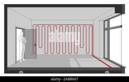 Illustration 3d de salle vide avec porte et fenêtre et français grand homme debout dans la porte ouverte et chauffage mural Illustration de Vecteur