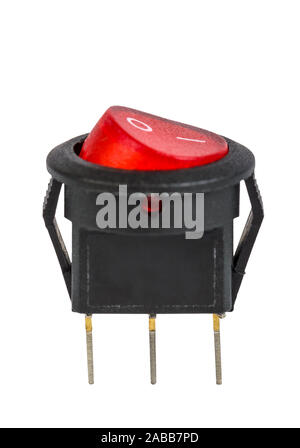 Interrupteur d'alimentation électrique rouge, composant électronique, isolé sur fond blanc Banque D'Images
