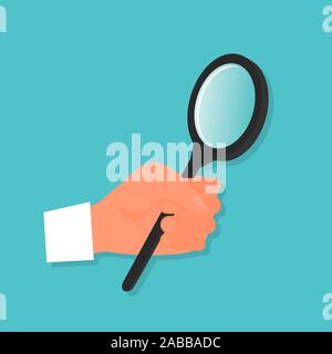 Portrait of human hand holding magnifier en poing. Fond bleu. Télévision stock style vector. Illustration de Vecteur