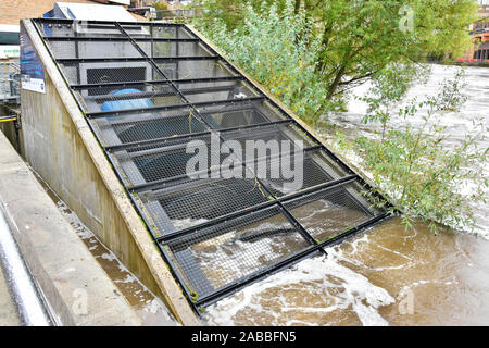 Vis d'archimède de derrière la cage de sécurité conduite par l'usure de la rivière de l'eau débit rapide dans l'hydro-électricité installation génératrice de Durham UK Banque D'Images