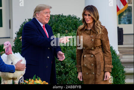 Le Président des Etats-Unis, Donald J. Trump reconnaît les gens dans la foule après qu'il et de la première dame Melania Trump a présenté la dinde de Thanksgiving dans la roseraie de la Maison Blanche à Washington, DC le Mardi, Décembre 26, 2019.Credit : Ron Sachs/CNP /MediaPunch Banque D'Images