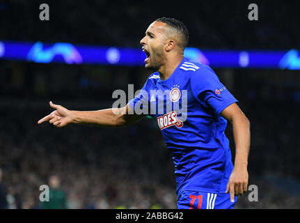 Londres, ANGLETERRE - 26 NOVEMBRE 2019 : Youssef El-Arabi de l'Olympiacos célèbre après avoir marqué un but au cours de la 2019-2020 LIGUE DES CHAMPIONS Groupe B match entre Tottenham Hotspur FC (Angleterre) et l'Olympiacos FC (Grèce) à Tottenham Hotspur Stadium. Banque D'Images