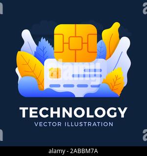 Carte de crédit à puce et stock vector illustration isolé sur un fond sombre. Le concept de la technologie numérique dans le secteur bancaire. La carte à puce EMV la banque c Illustration de Vecteur