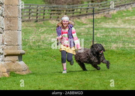 Laughing young girl running with black labradoodle chien dans un cadre rural Banque D'Images