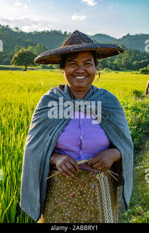 Young smiling woman dans un chapeau de riz conique quitte une rizière sur son chemin du retour à son village le long de la rivière Chindwin, Myanmar (Birmanie) Banque D'Images