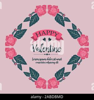 Happy Valentine, avec ornement de couronne de fleurs rose cadres. Vector Illustration de Vecteur