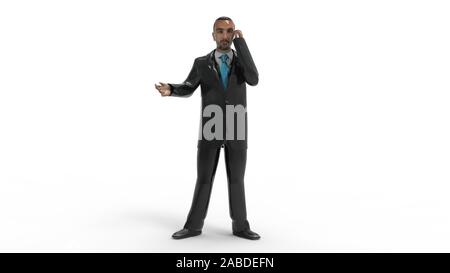 Le rendu 3D d'un homme appelant sur le téléphone en isolé sur fond blanc Banque D'Images