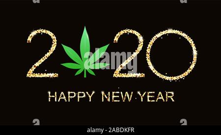 Bonne année 2020 avec l'arrière-plan de la feuille de marijuana. Bonne année carte. Illustration isolé sur fond noir. Banque D'Images