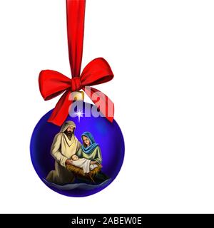 Histoire de Noël. La nuit de Noël, Marie, Joseph et l'enfant Jésus, Fils de Dieu , décoration de Noël jouet avec arc rouge isolé sur fond blanc, ar Banque D'Images