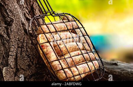 Pas les saucisses cuites. Saucisses dans un grill grillage sur la nature avec l'espace vide. La grille de calandre est compact pour les pique-niques et le camping. Stock photo sausa grillé Banque D'Images