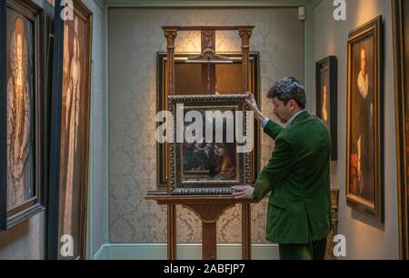 Mayfair, London, UK. 27 novembre 2019. Les galeries et maisons de ventes aux enchères de Londres la semaine d'art ouvrent leurs portes pour la troisième loi de l'hiver, du 1er au 6e décembre 2019. Image : Carlo Milano détient l'artiste féminine Lavinia Fontana (1552-1614) Le Mariage mystique de Sainte Catherine (peint avant 1577), huile sur cuivre sur l'affichage à Callisto Fine Art pour l'Art de Londres 7. Credit : Malcolm Park/Alamy Live News. Banque D'Images