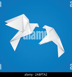 Deux pigeons origami blanc sur fond bleu. Illustration de Vecteur