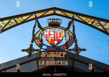 Panneau à l'entrée pour le Mercat de la Boqueria, Barcelone, Espagne Banque D'Images